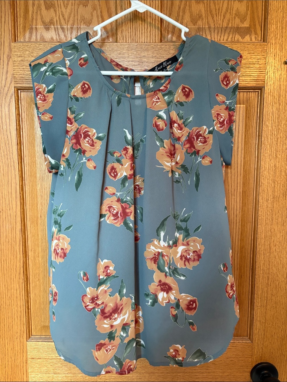 Alice Blue Dusty Blue Floral Pleated Cap-Sleeve Blouse